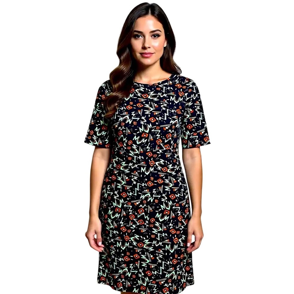 LuLaRoe Julia Dress Womens Sm Black 90s Geometric Abstract‎ Sheath Modest NWT